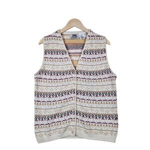 VTG Northern Reflections Sweater Vest M Ivory Multi Button Front Cottagecore